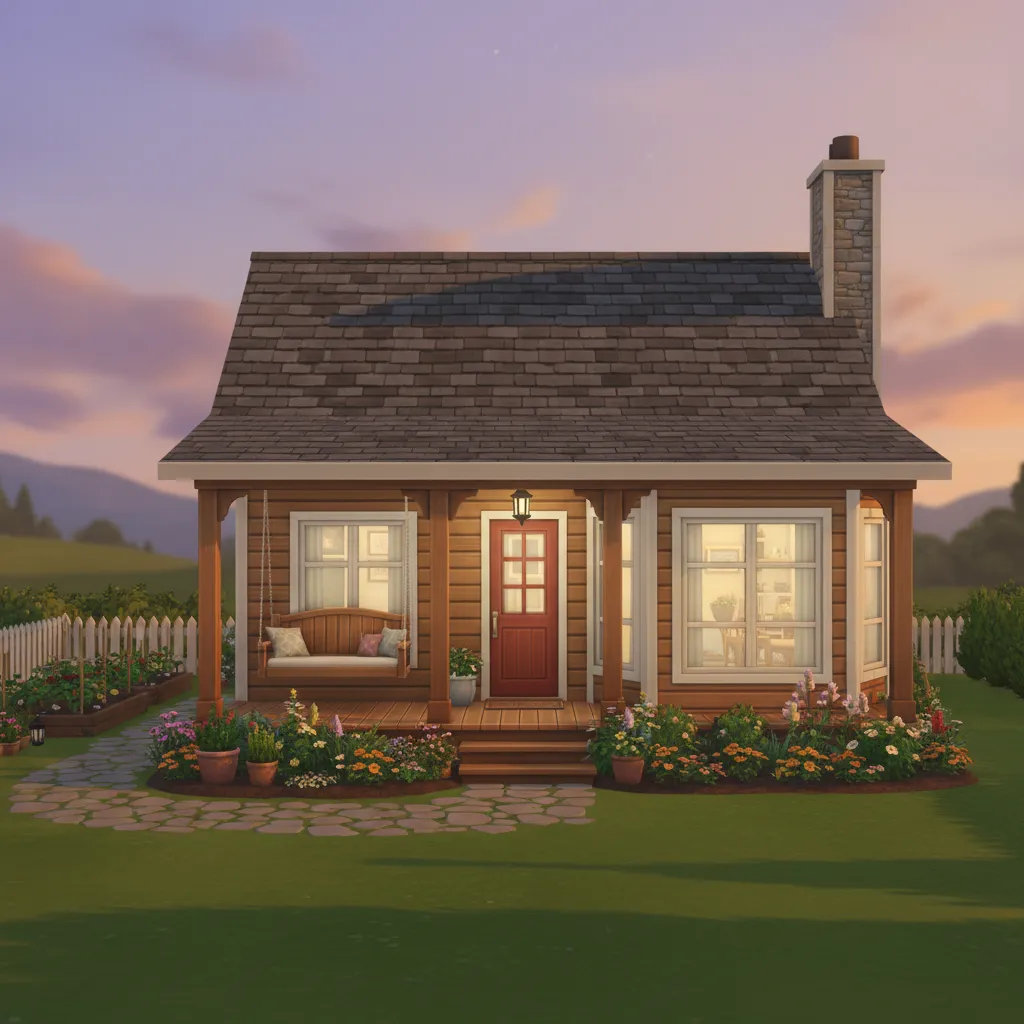 Small wooden house with red door porch swing flower garden stone path and soft sunset