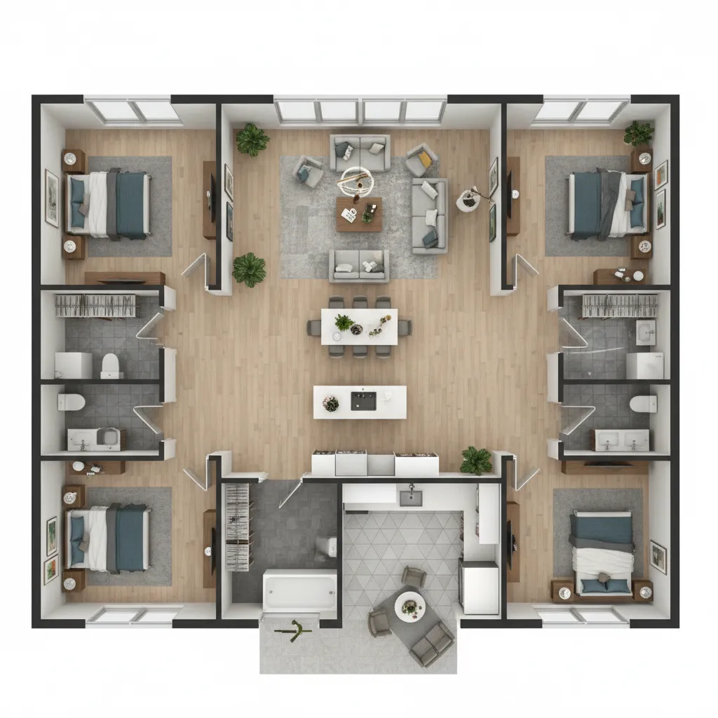 Plano de casa familiar con tres dormitorios y área social abierta
