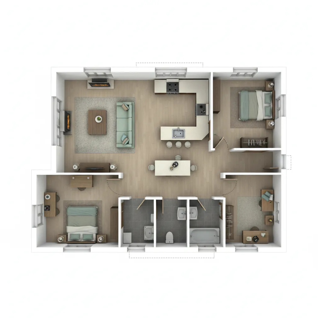 Top down interior design drawing showing a house with living room kitchen bedrooms and two bathrooms