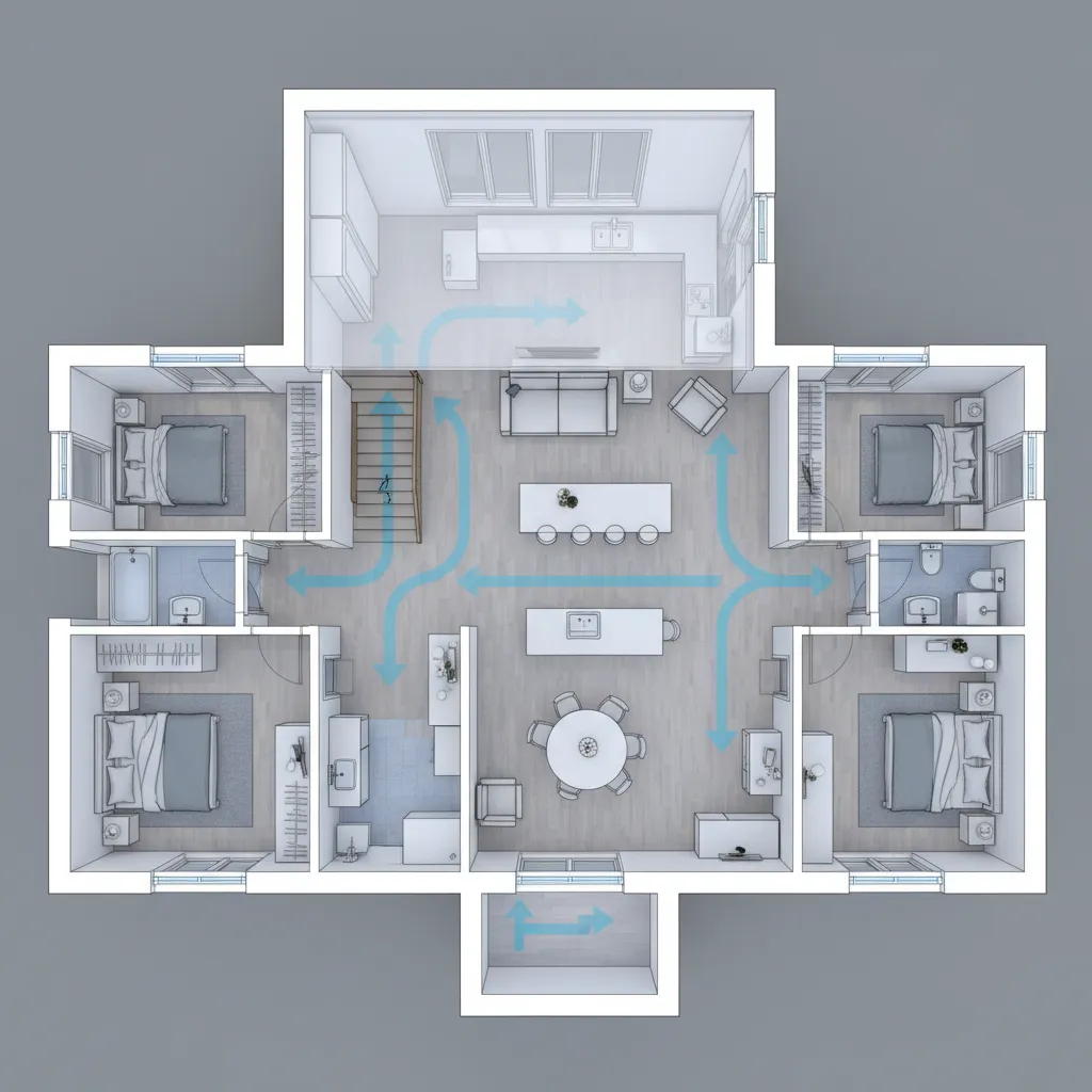 Plano de casa mostrando circulación eficiente entre habitaciones