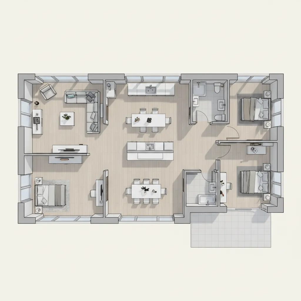 Plano de planta sencillo para una casa estilo Sims 4 con zonas sociales y privadas