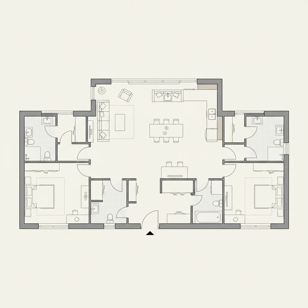 Professional 2D house floor plan layout showing two bedrooms two bathrooms and open living area