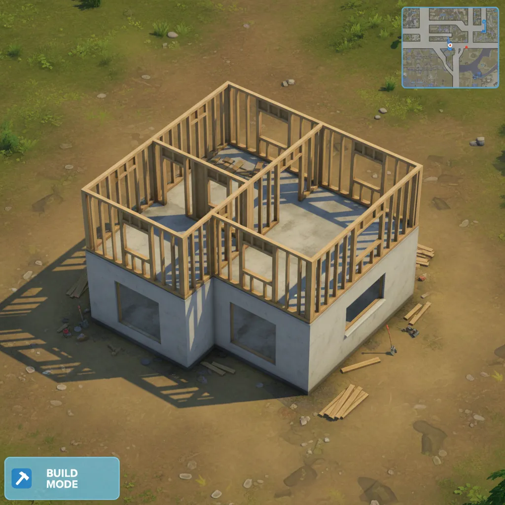 Small house under construction with a concrete base and wooden frame walls in build mode