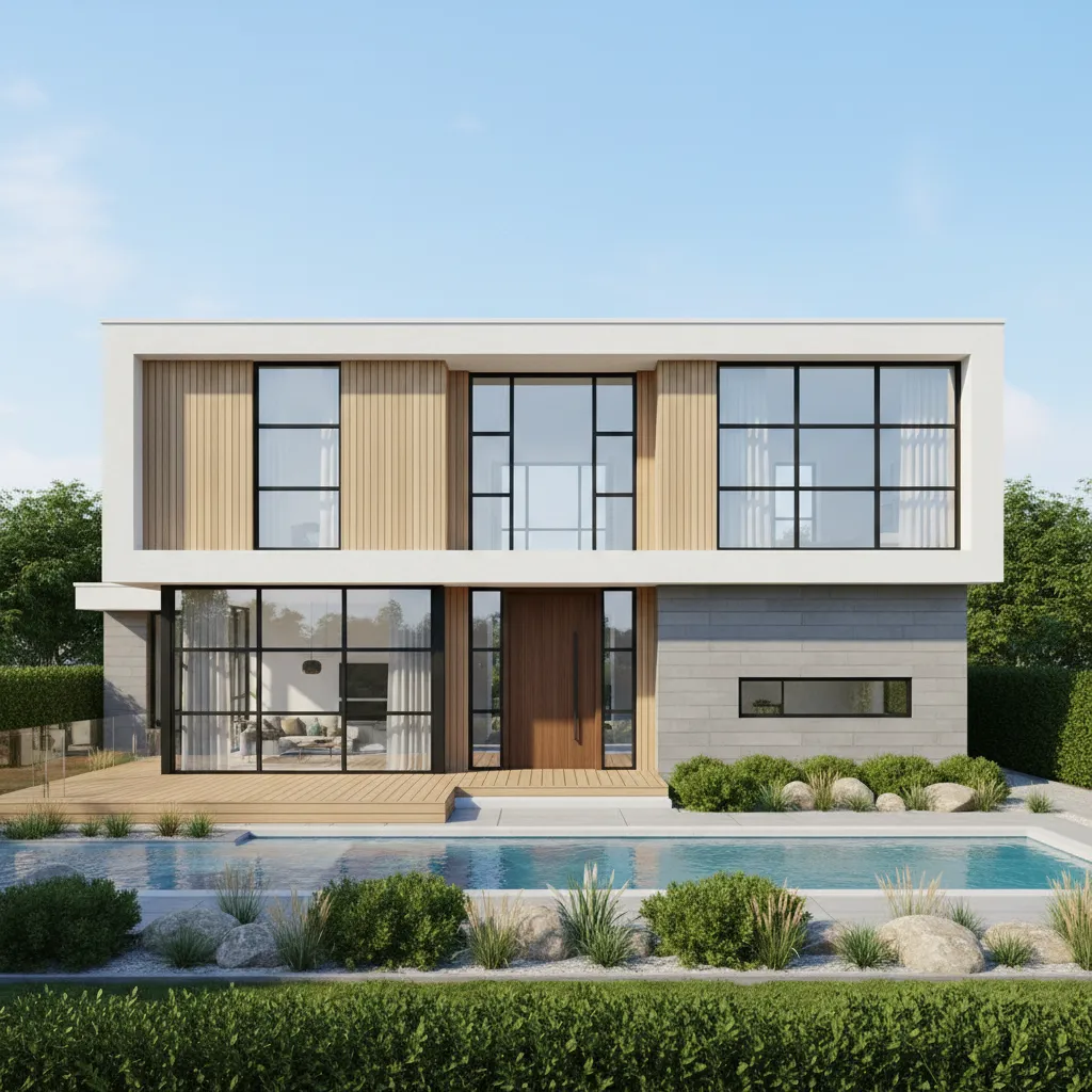 Modern two-story house with white walls, wood panels, large windows, swimming pool, and green garden