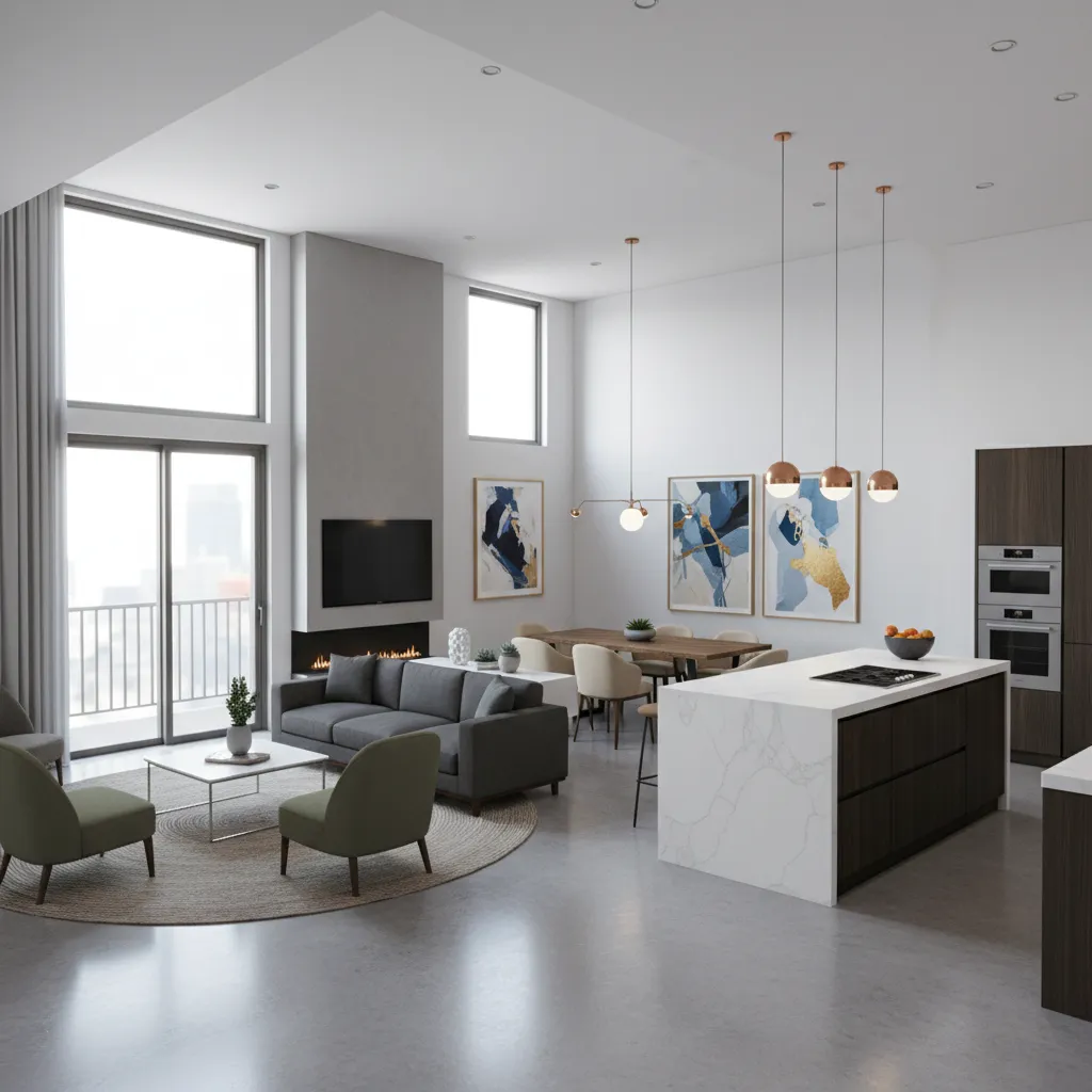Interior de casa Sims 4 con distribución abierta de salón y cocina