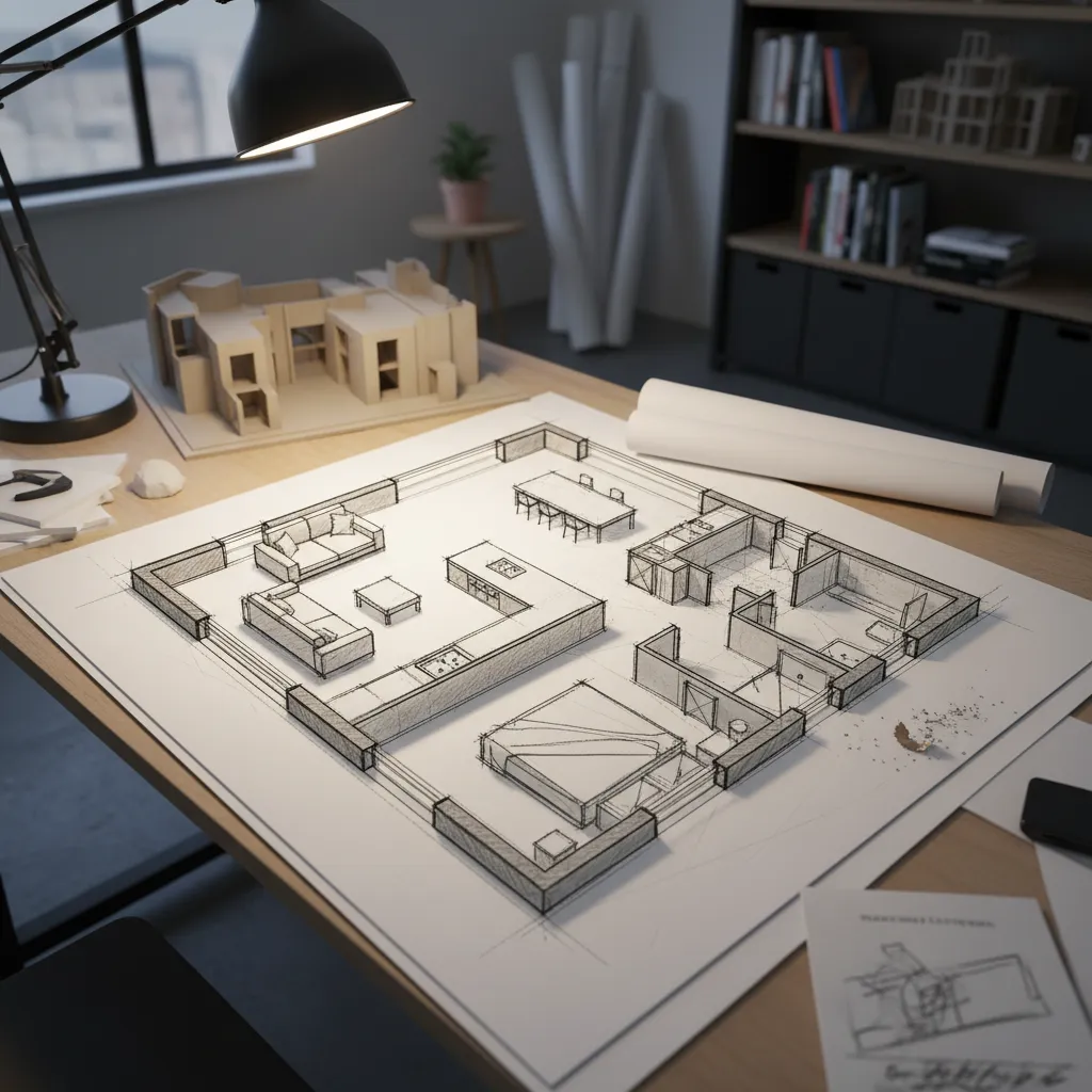 Hand drawn interior design drawing on wooden desk with lamp house model and rolls of paper