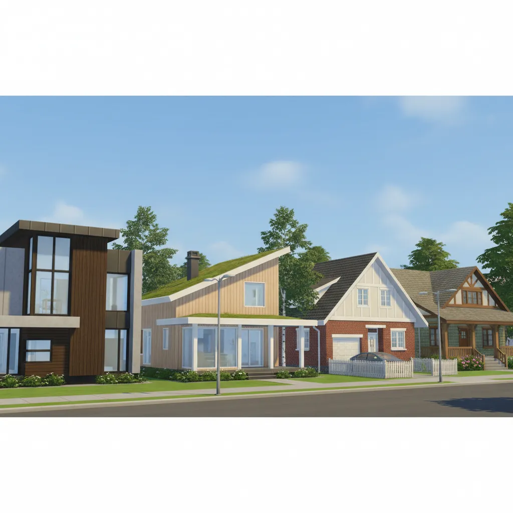 Street view showing four different house styles from modern designs to traditional brick residential homes