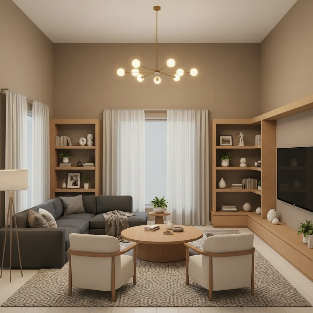 Modern living room with grey sofa two armchairs wooden coffee table and a ceiling light