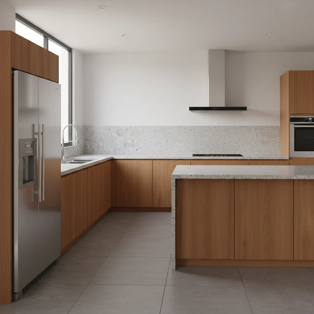 Diseño de cocina moderna mostrando el triángulo de trabajo