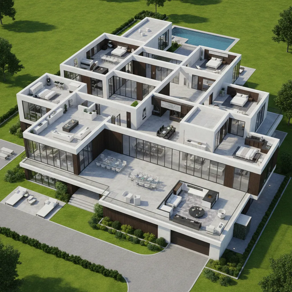 Large modern house interior design drawing with multiple bedrooms big terrace swimming pool and green lawn