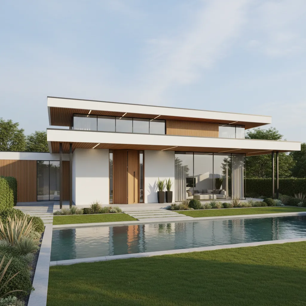 Modern white villa with wood trim large windows a swimming pool and a green lawn