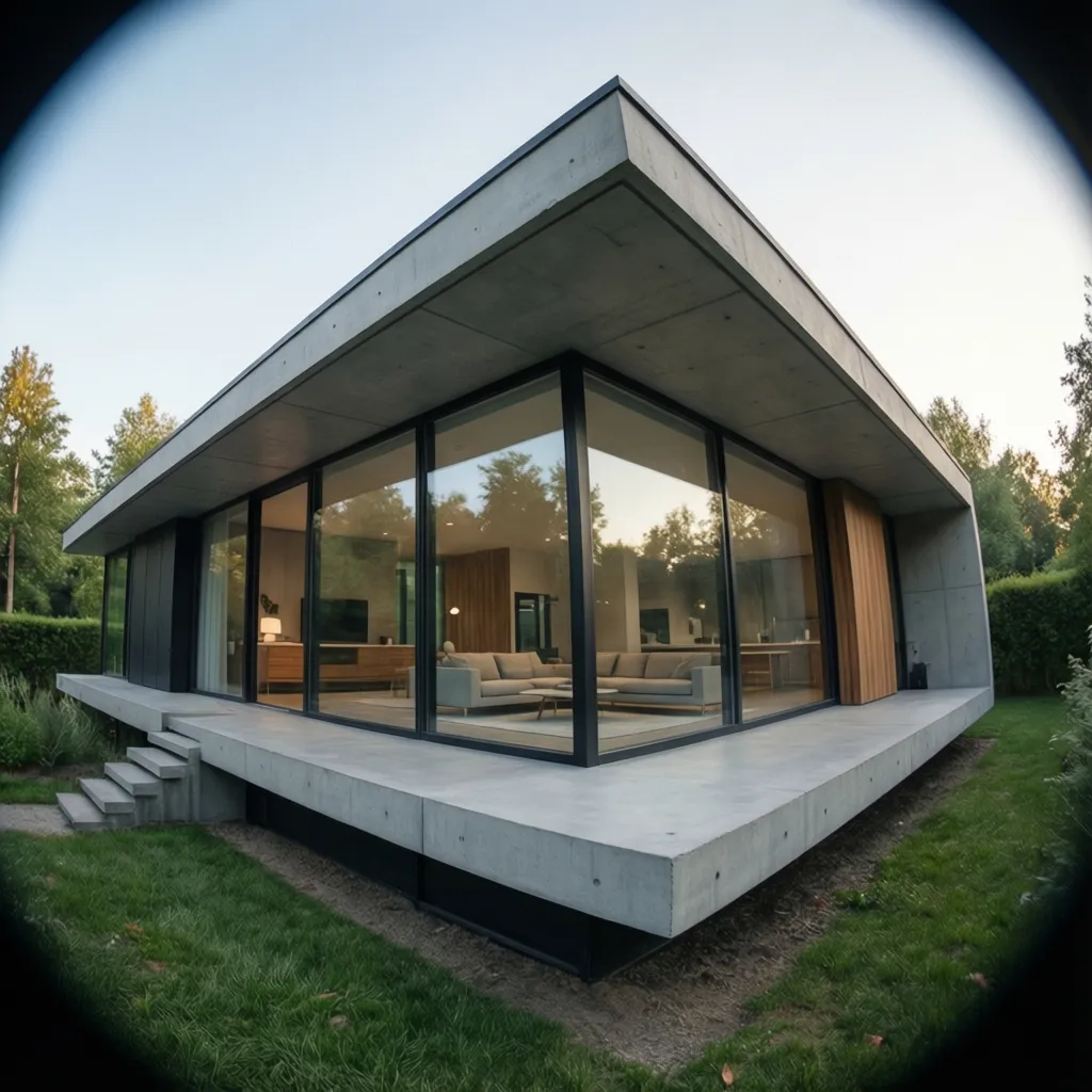 Modern concrete house with large glass windows showing living room sofa furniture and green grass outdoors