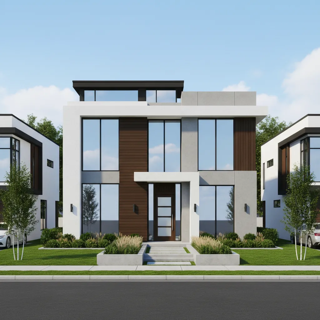 Modern two-story house design with white facade, grey wall panels, large windows, and front lawn