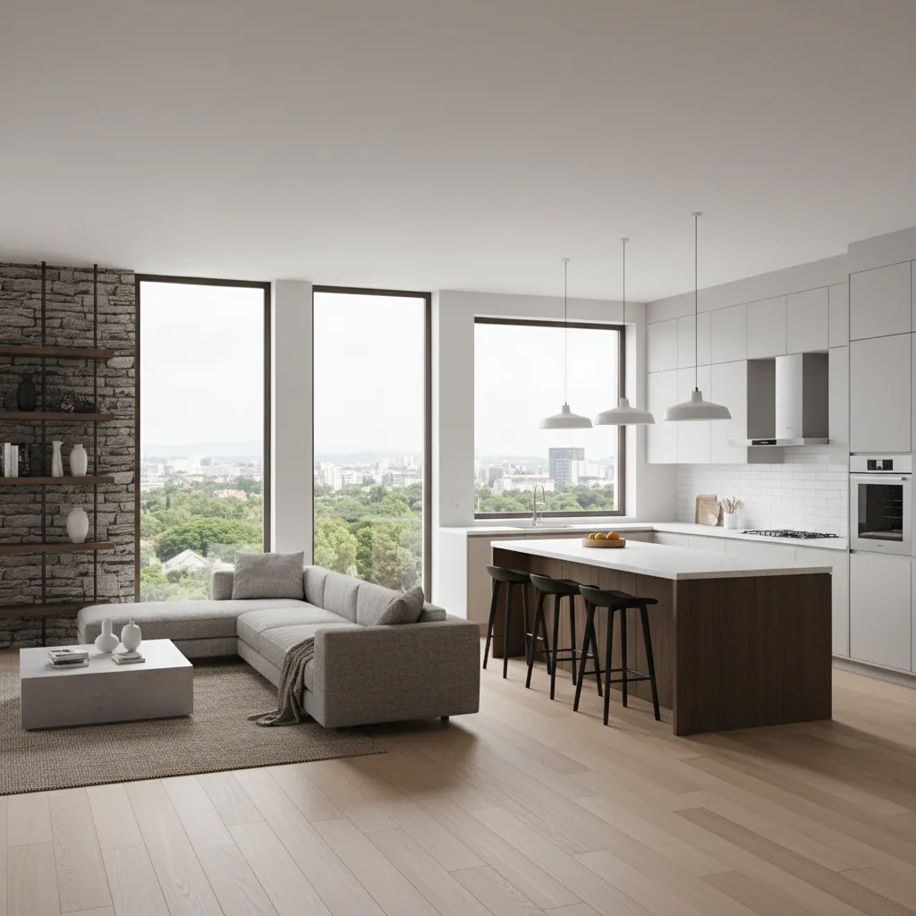 Interior de casa con salón y cocina abierta estilo Sims 4