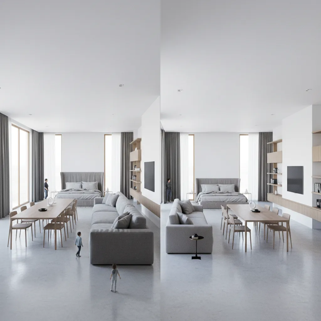 Comparación visual entre habitaciones demasiado grandes y proporciones realistas en diseño de casa