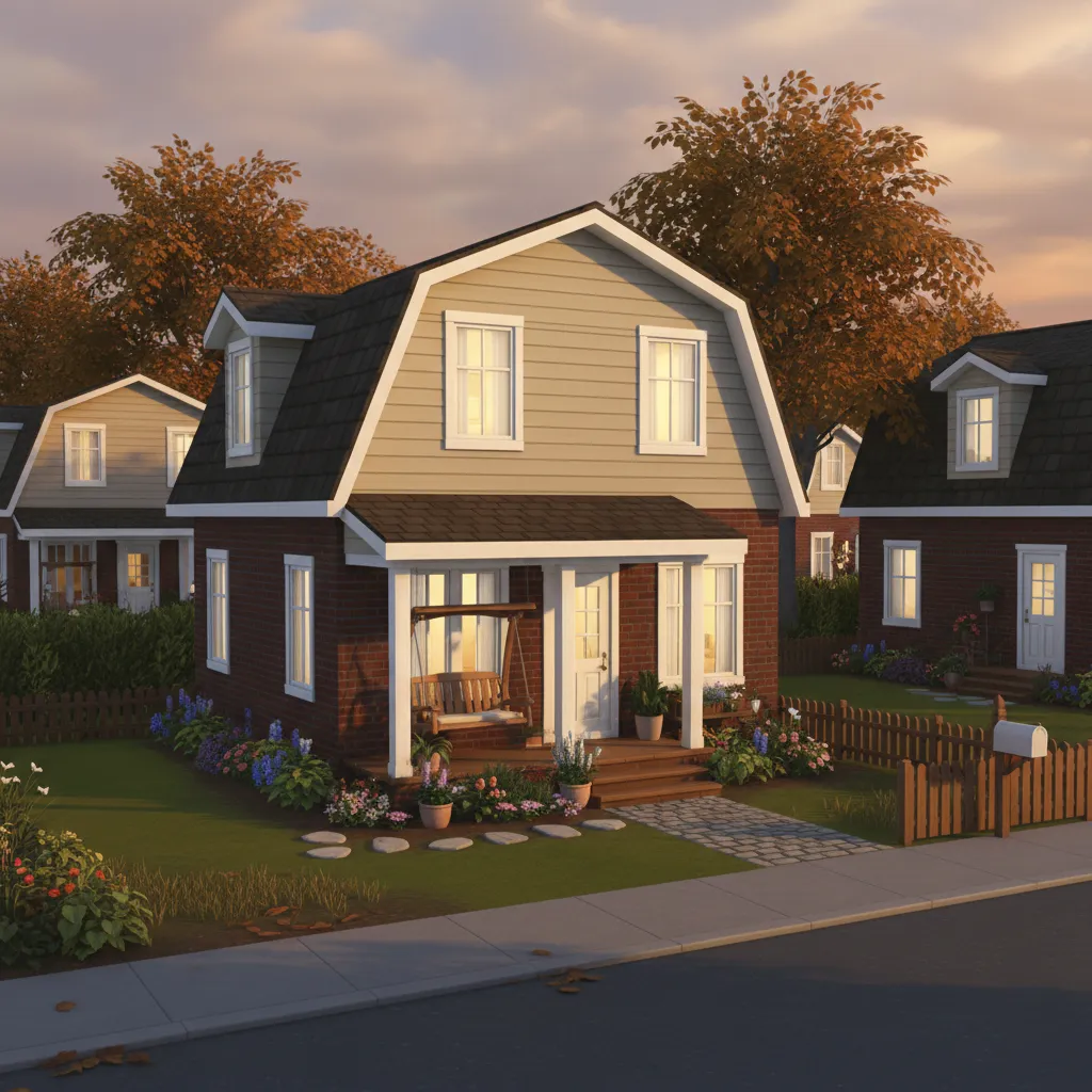 Small brick house with slanted roof, front porch swing, garden flowers, and warm sunset lighting