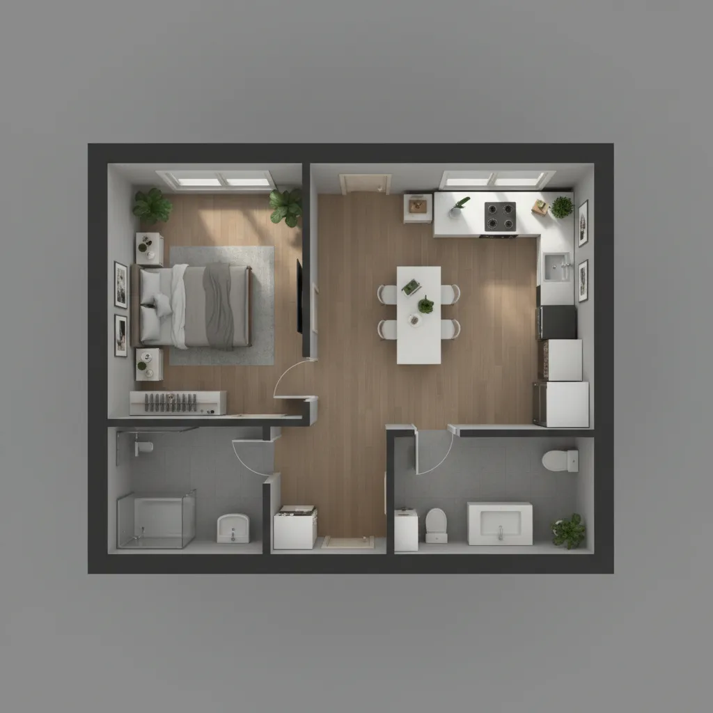 Plano compacto de casa pequeña con sala y cocina abierta
