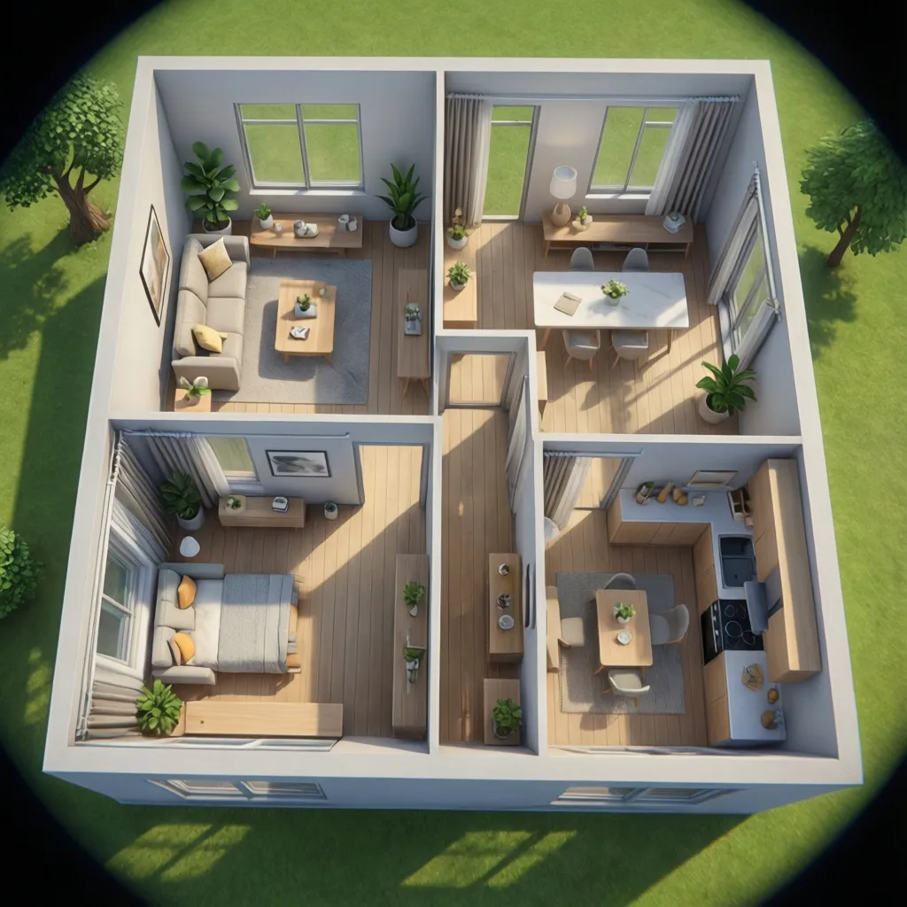 Interior design drawing of small apartment layout with living room kitchen bedroom and light wood floors