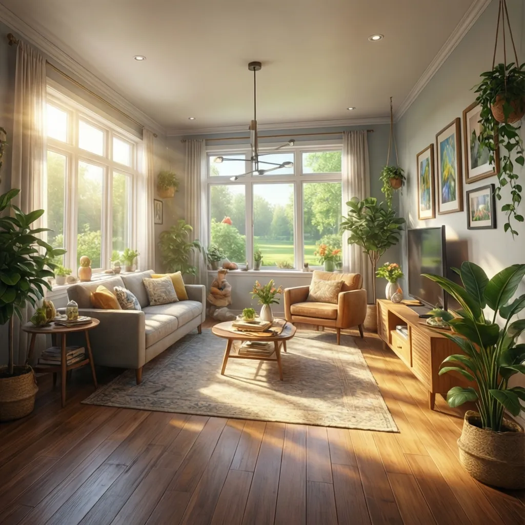 Sunny living room with grey sofa armchair wooden floor green plants and large bright windows