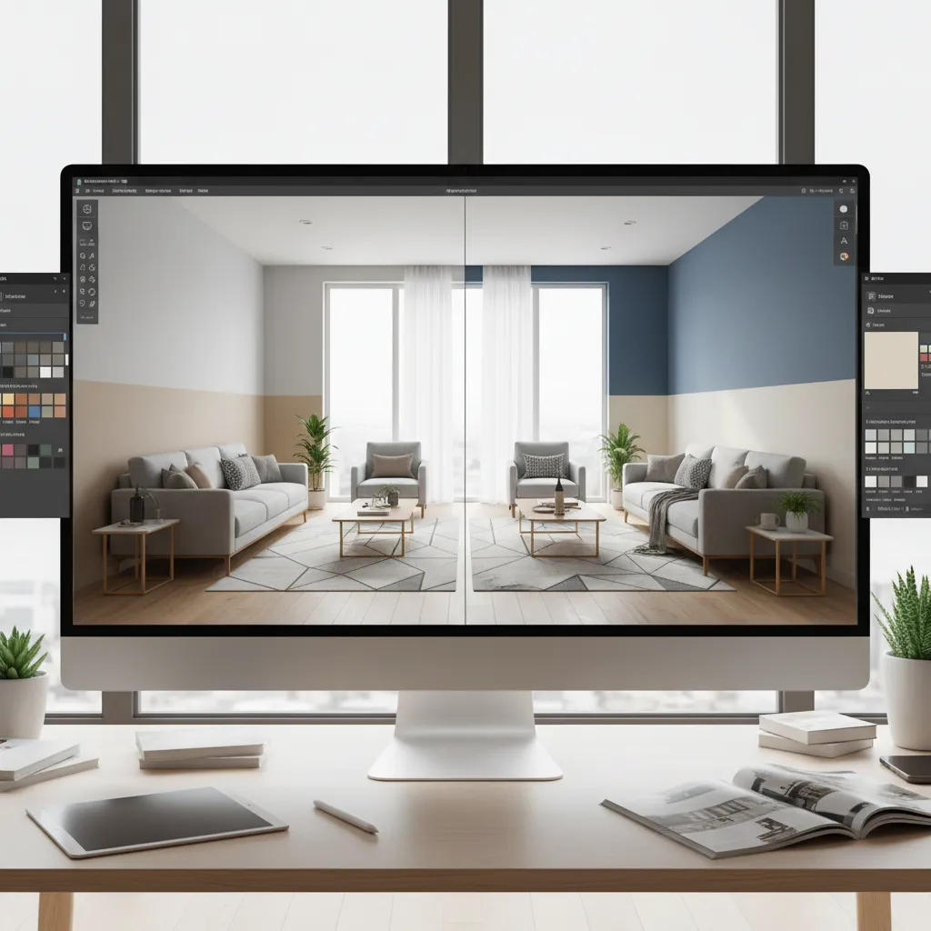 Simulación digital mostrando diferentes colores de pintura en una sala