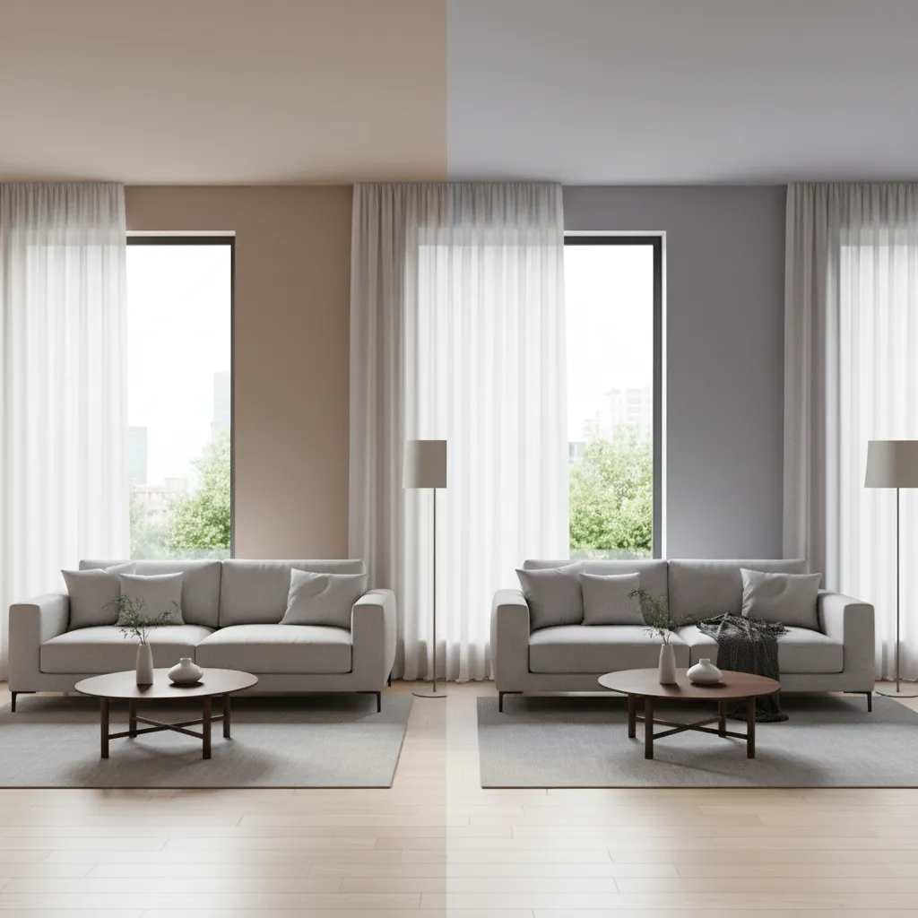 Comparison of a living room interior showing beige wall paint versus grey wall paint color