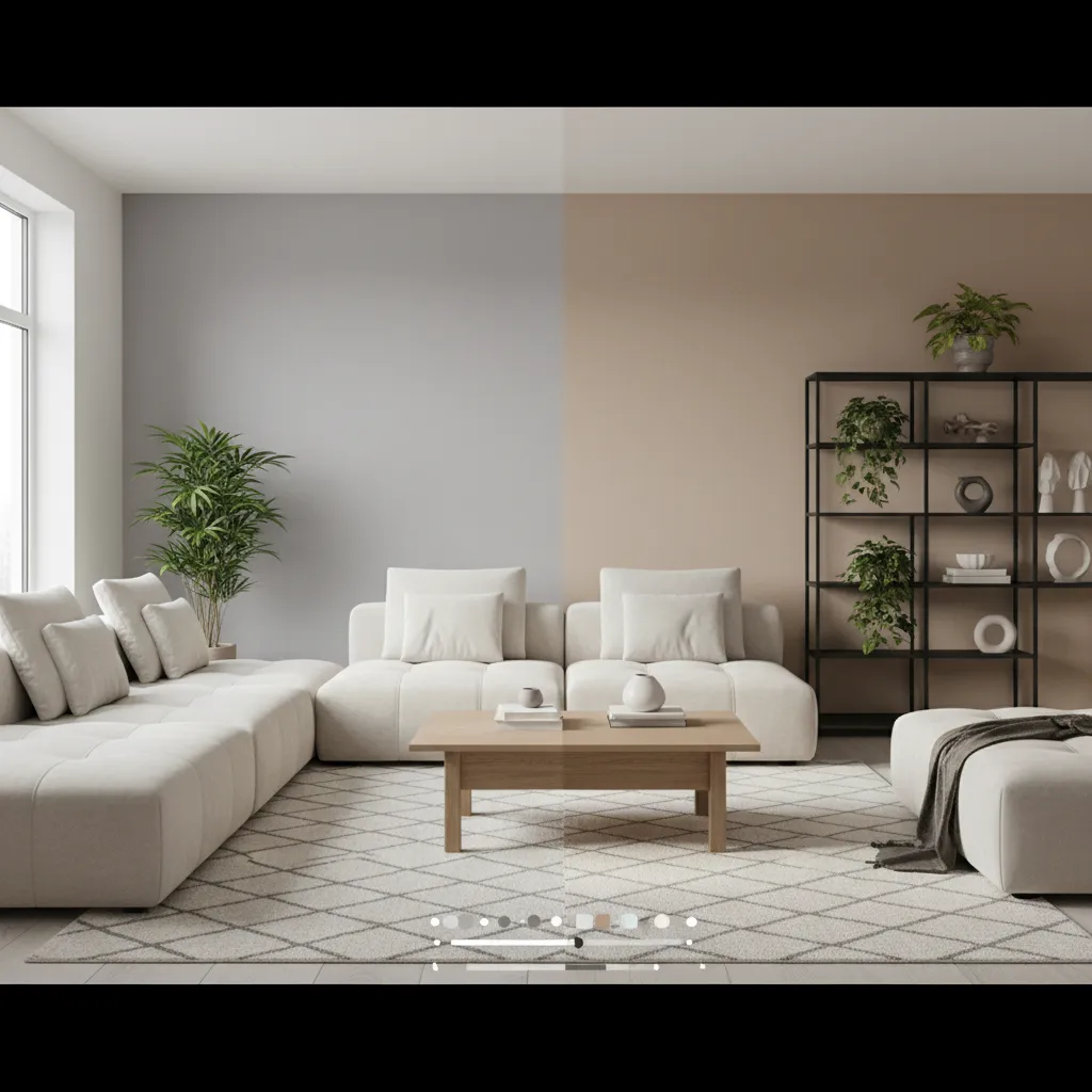 Modern living room split view showing light grey and beige wall paint with white sofa