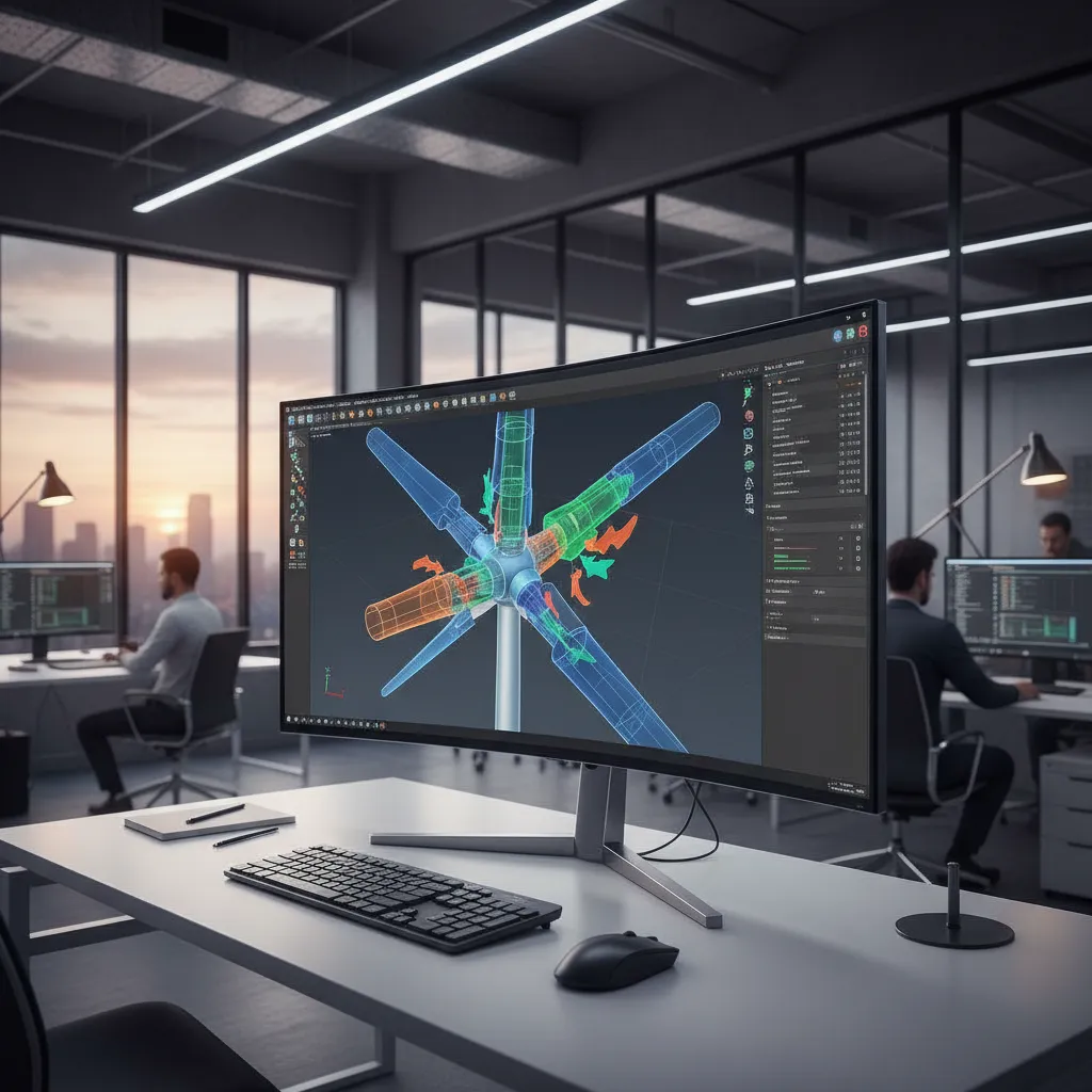 Pantalla de ordenador con simulación digital de un aerogenerador
