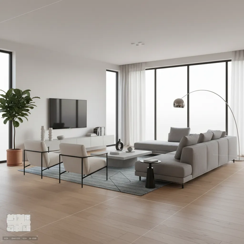 Render 3D de un salón moderno utilizado para probar una distribución de mobiliario