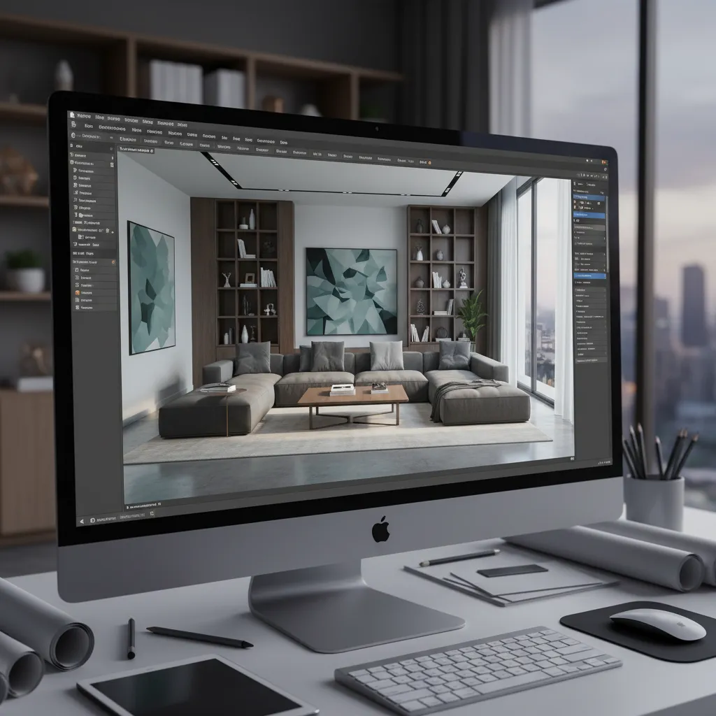 Visualización digital de diseño de sala en software de planificación de interiores