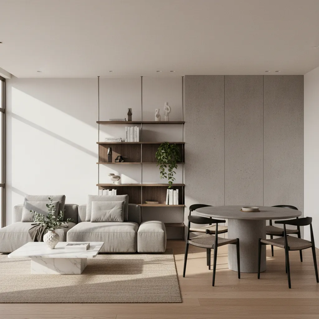 Simulación digital de distribución interior con muebles y materiales