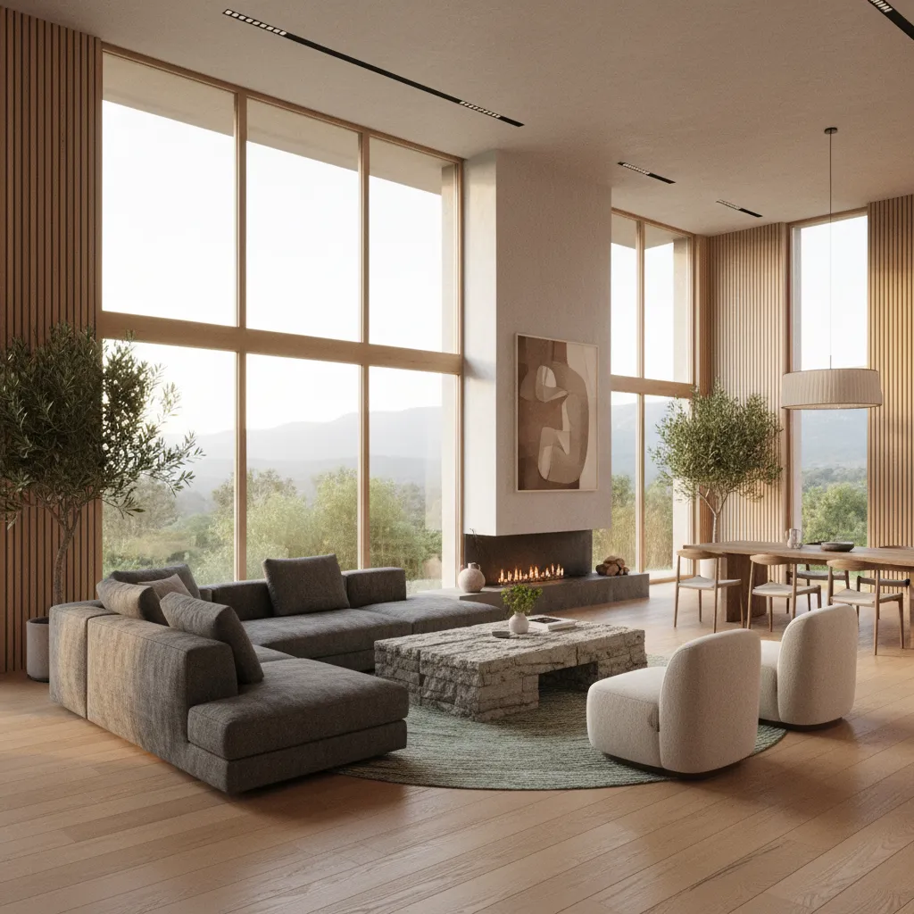 Simulación digital de un salón con iluminación y materiales realistas
