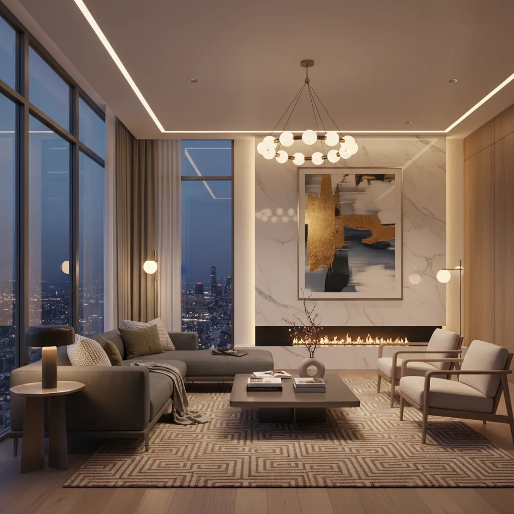Luxury living room featuring ceiling light fireplace grey sofa and wall light with city night view