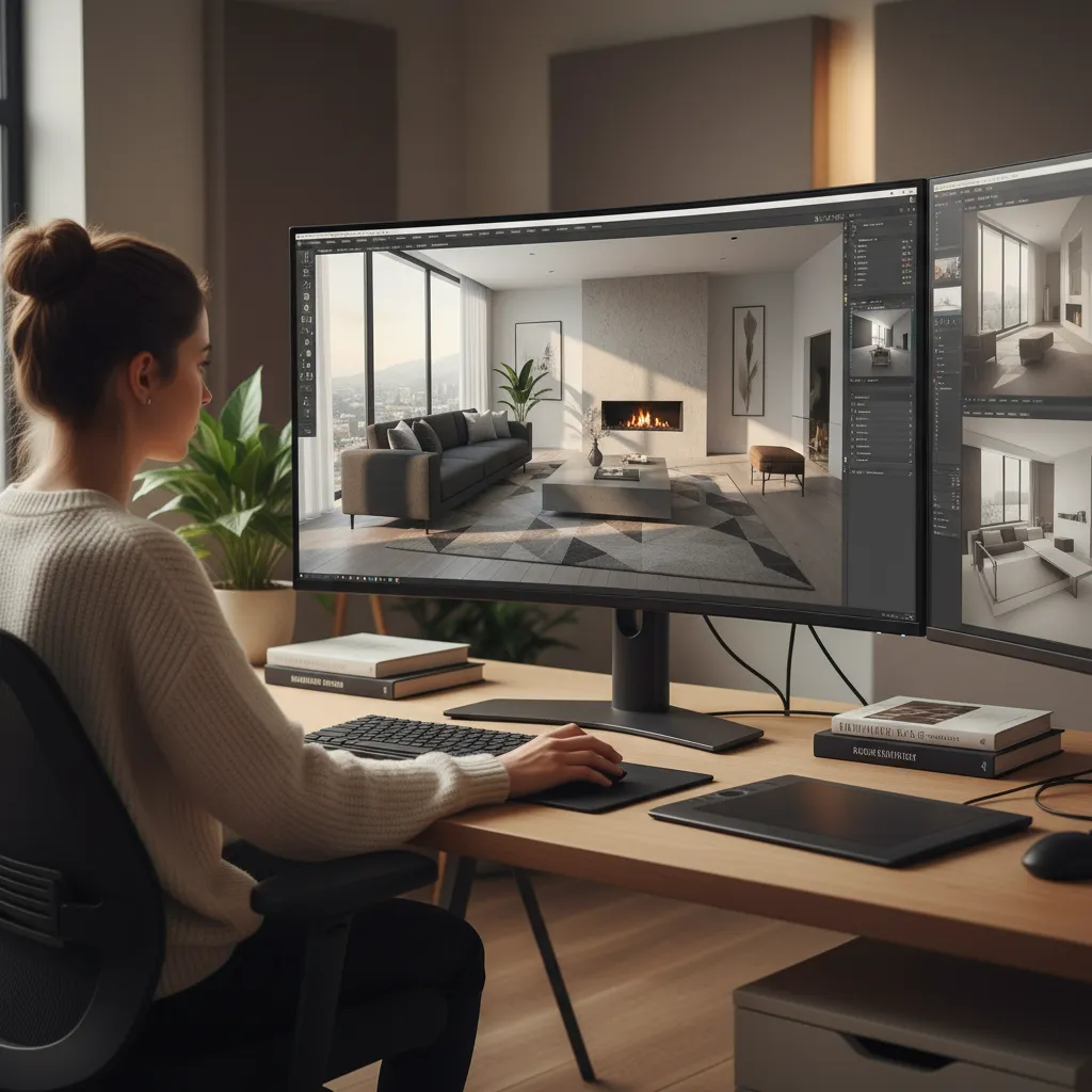Modelo 3D de interior residencial en software de arquitectura