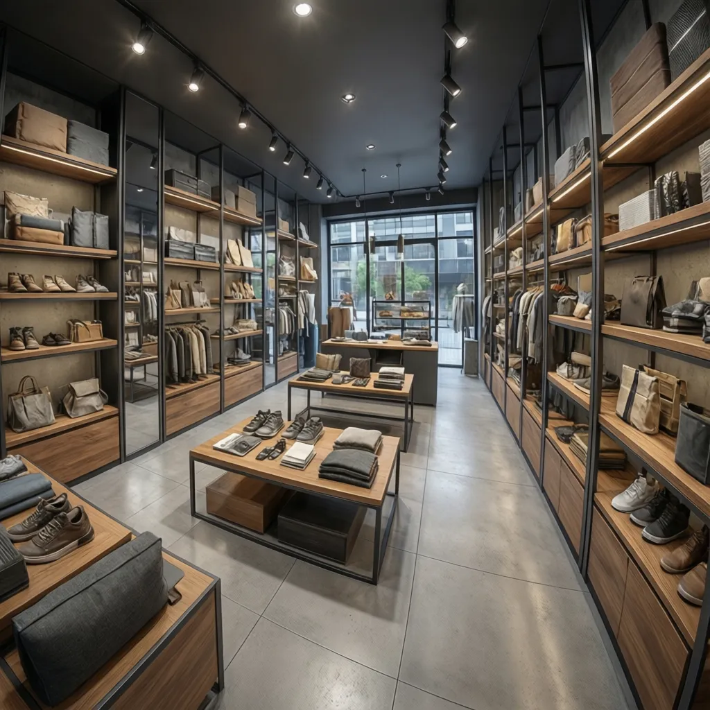 Modern clothing store interior with wooden display shelves shoes bags track lighting and large glass windows