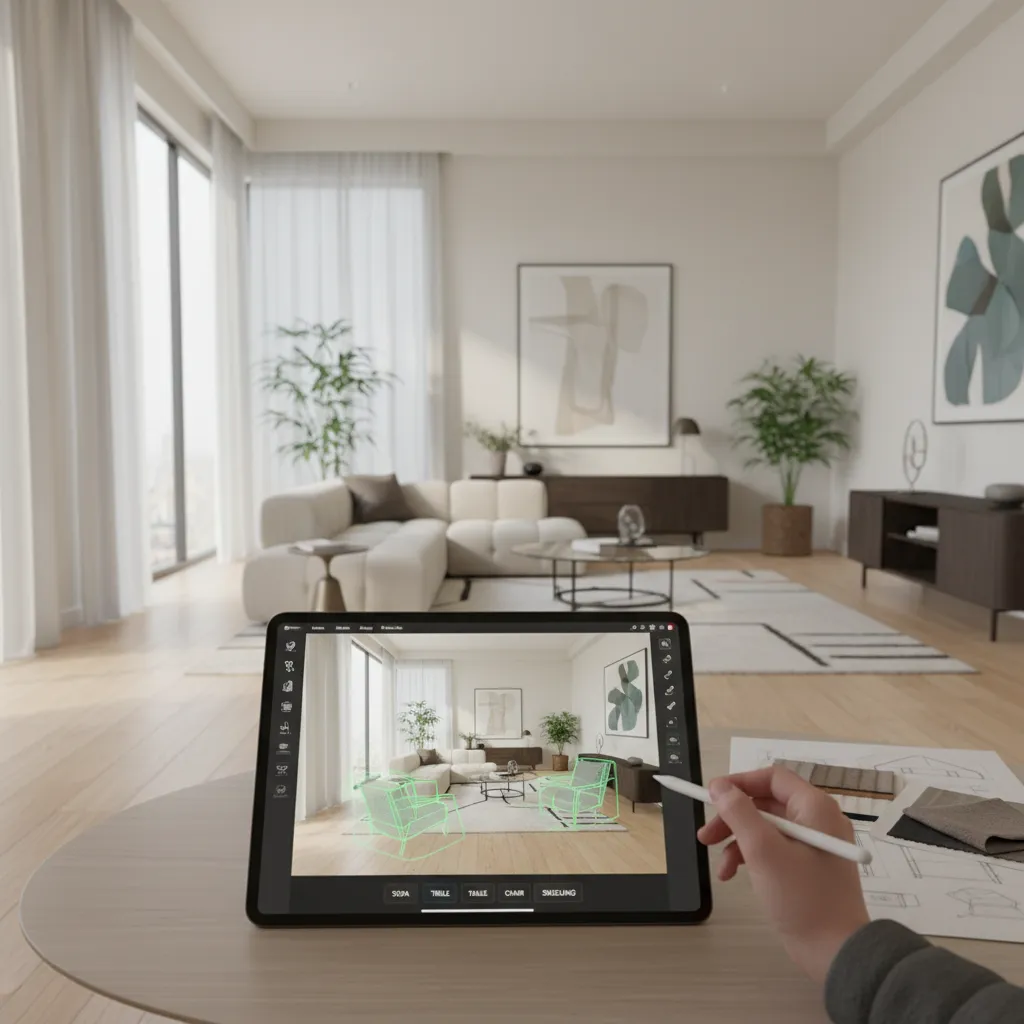 Simulación digital de muebles en una sala antes de comprar