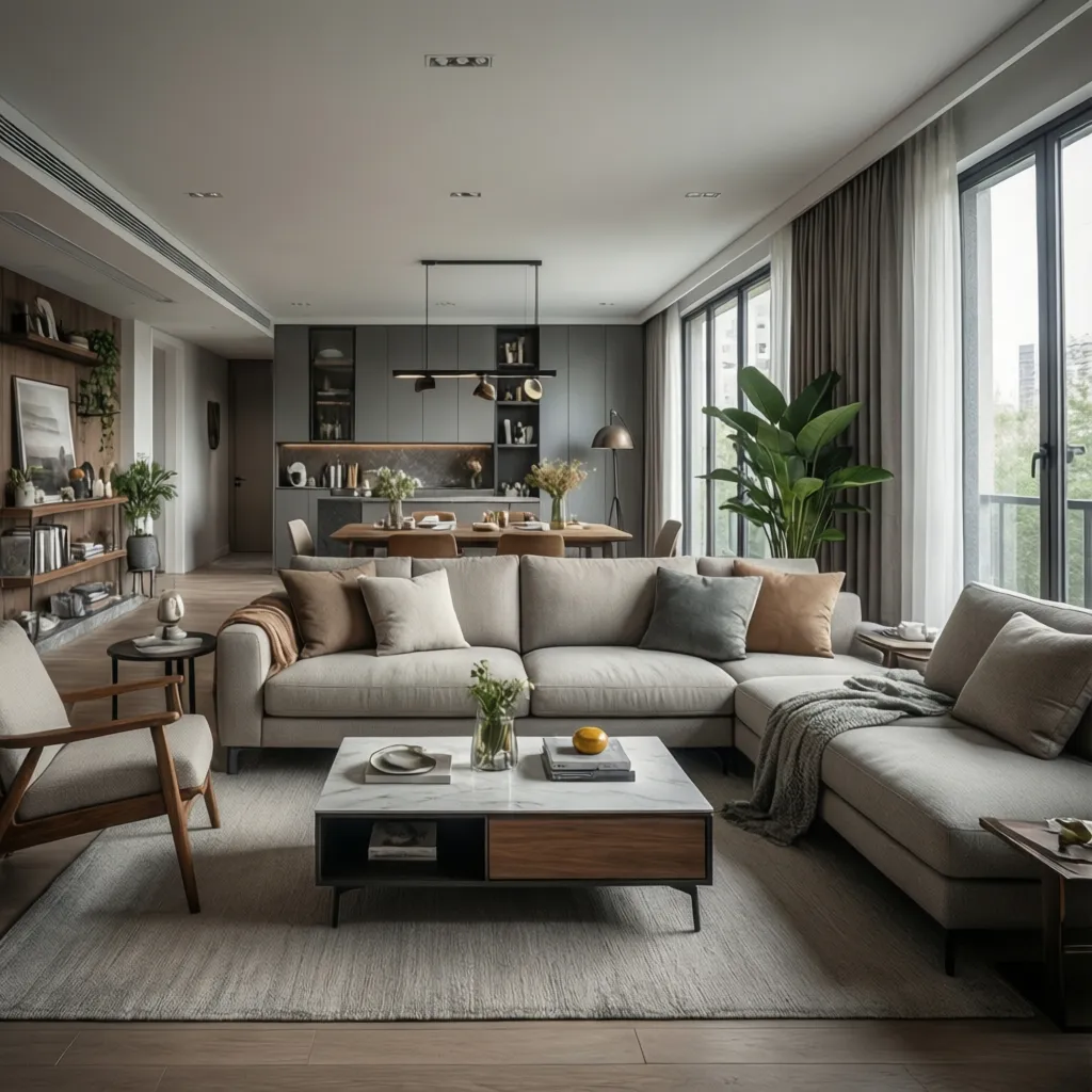 Simulación digital de un salón con diferentes muebles