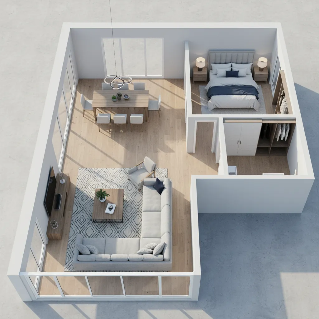 simulación de muebles colocados dentro de un plano de casa