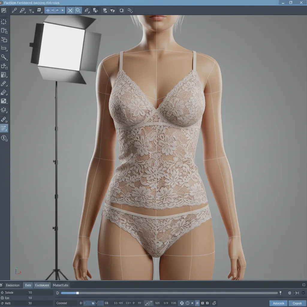 Simulación digital de tela elástica sobre un modelo 3D de lencería