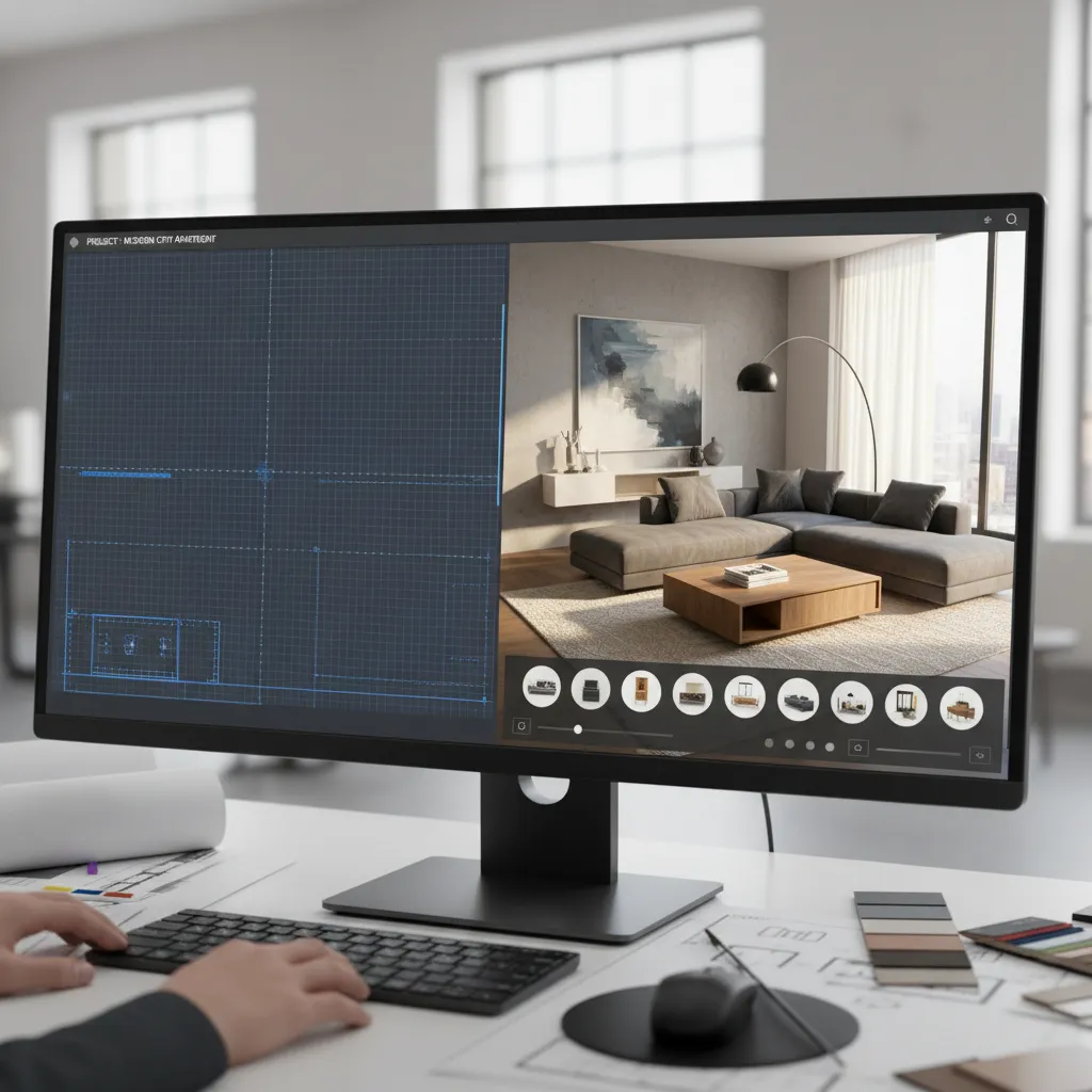 Simulador 3D mostrando diseño de salón con muebles movibles
