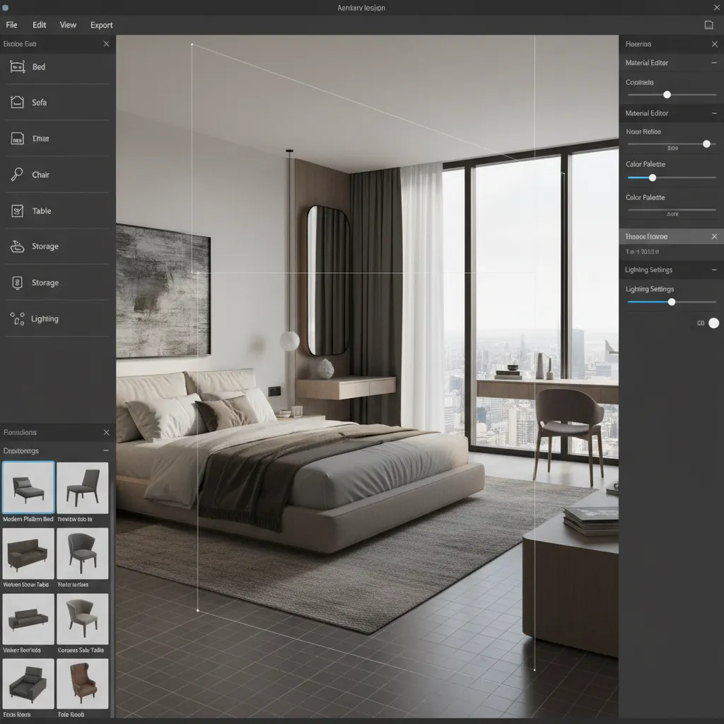Interfaz de simulador de diseño interior mostrando una habitación en 3D con muebles editables