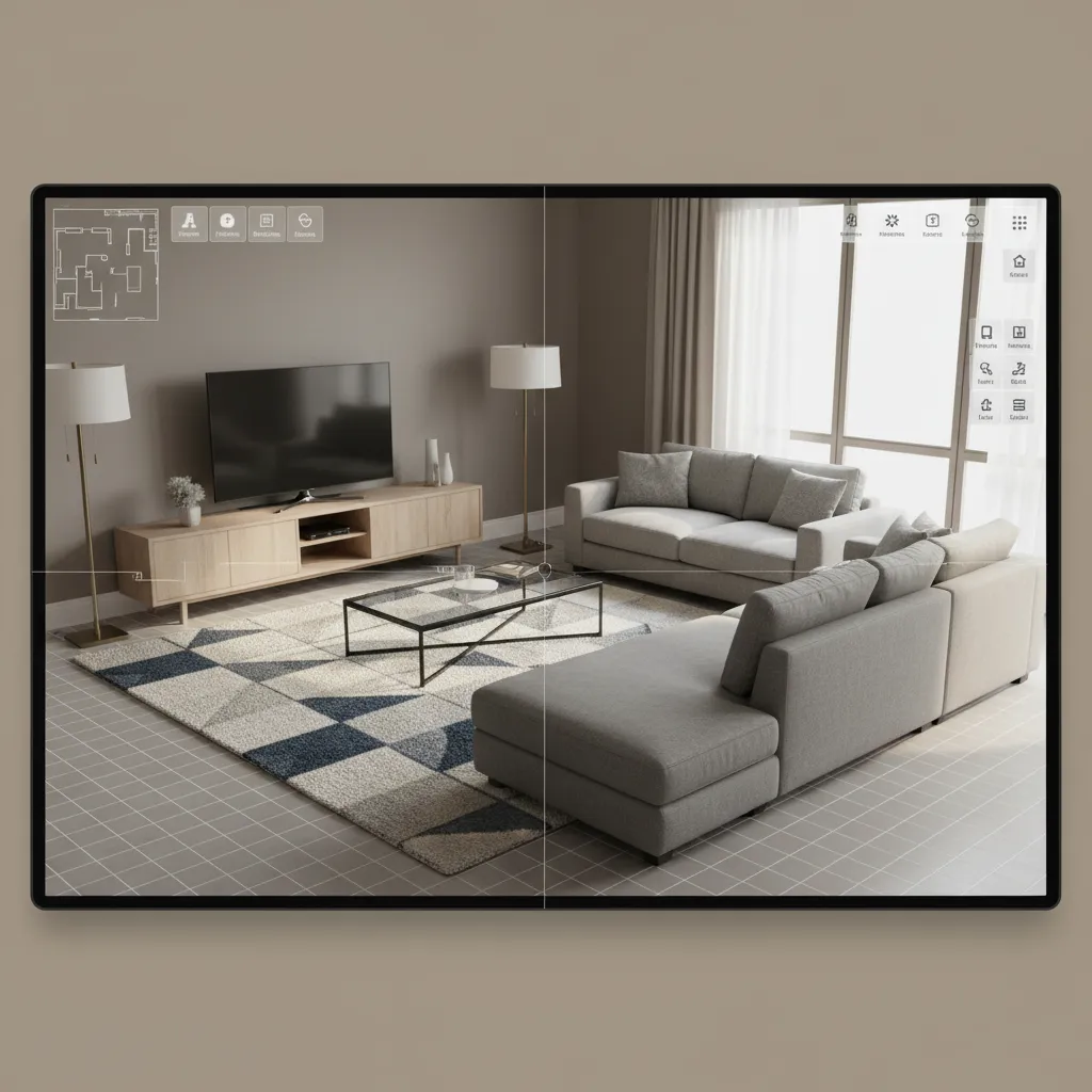 Interfaz de un juego de diseño interior mostrando una sala en 3D