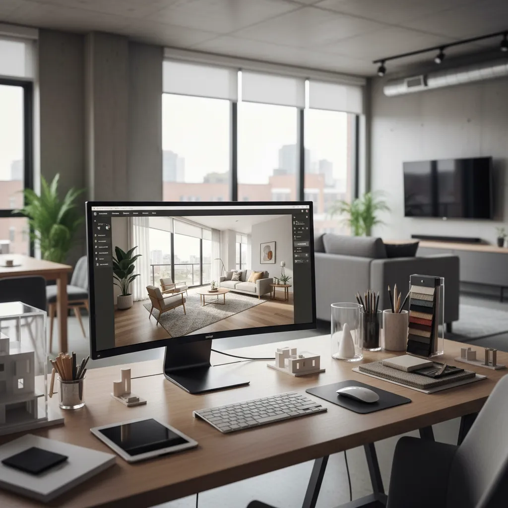 Computer monitor showing interior design drawing software on wooden desk with keyboard and material samples