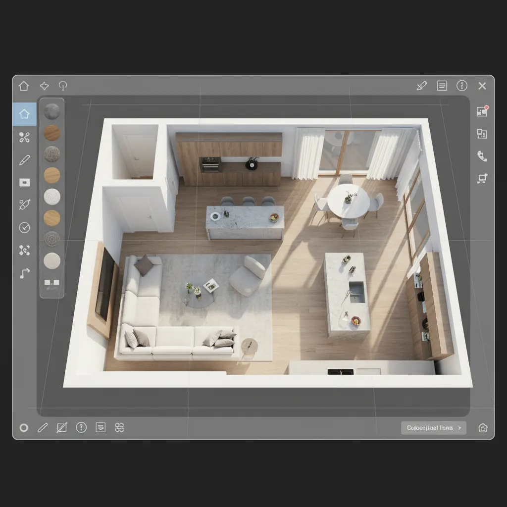 Interior design software showing three dimensional room layout with sofa kitchen island and furniture editing tools
