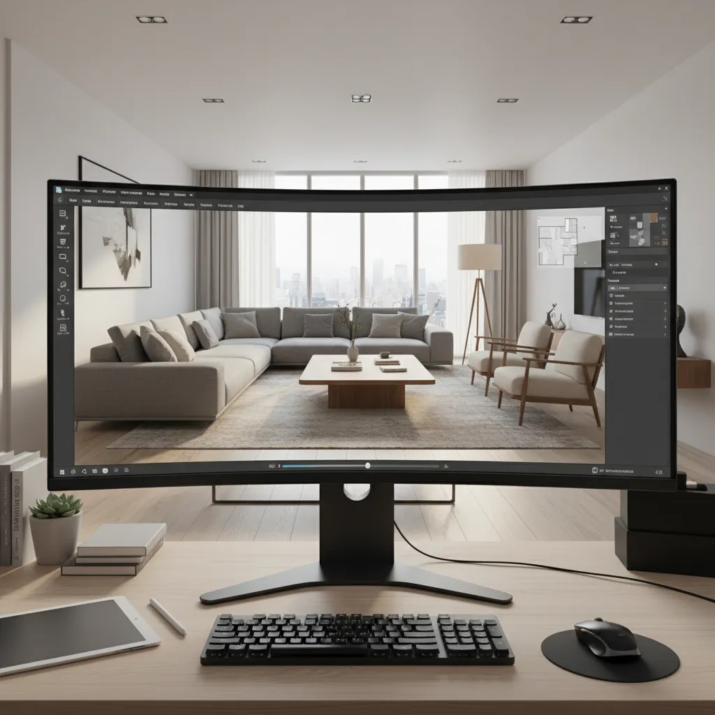 Pantalla mostrando un simulador de diseño de casa en 3D con muebles colocados en un salón