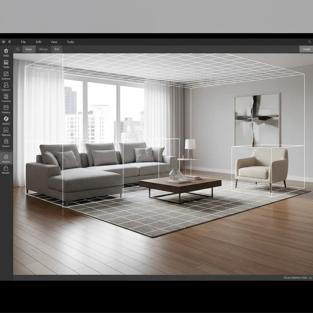 Vista de una vivienda digital en 3D con herramientas para mover muebles