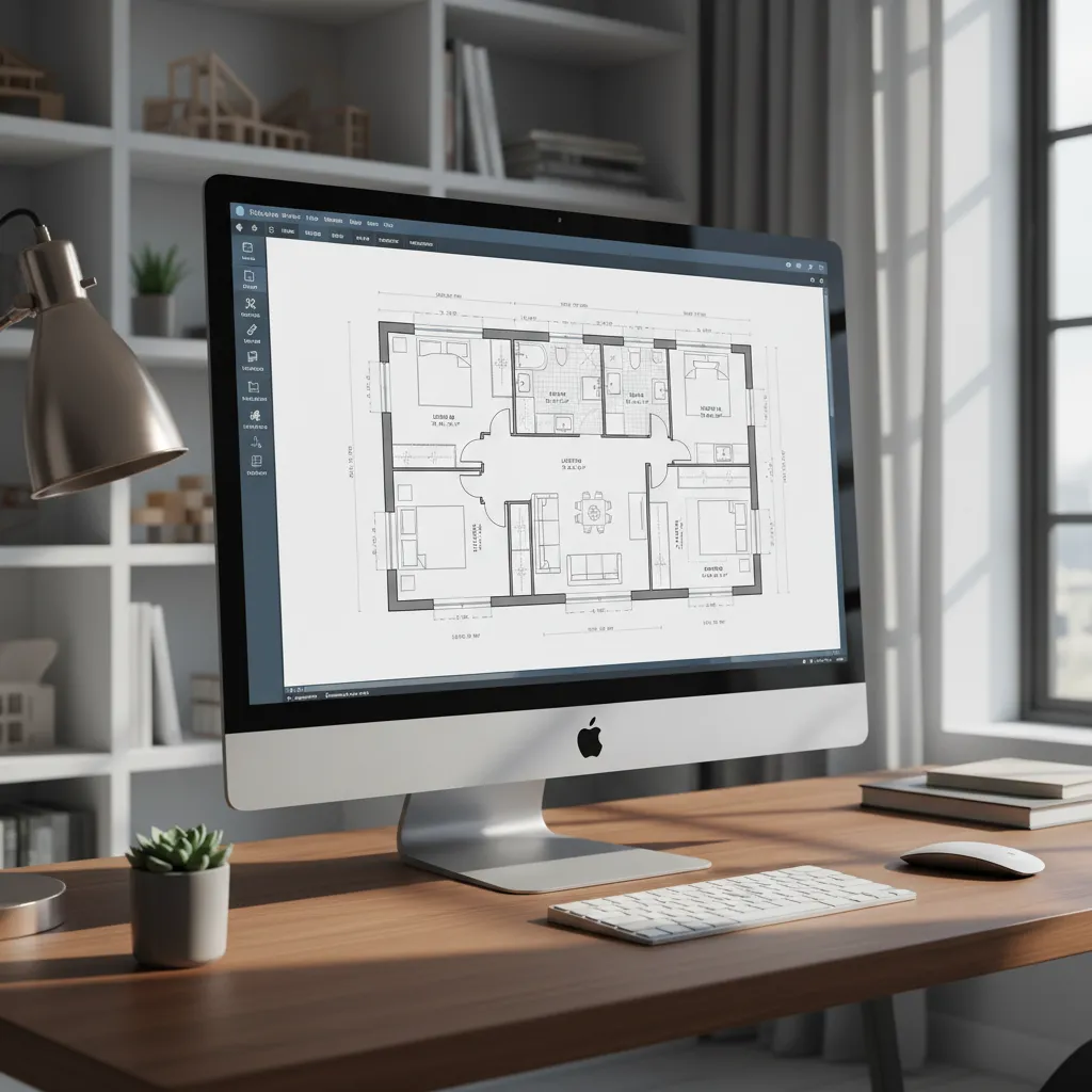 Pantalla de ordenador mostrando plano de vivienda en software de diseño
