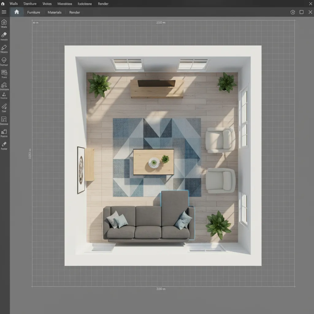 Simulador digital mostrando la distribución de muebles en una habitación