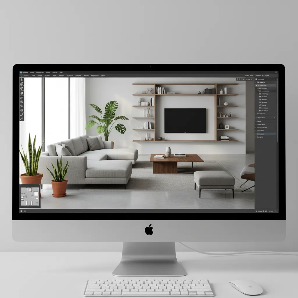 Interfaz de simulador de diseño interior mostrando una sala en 3D