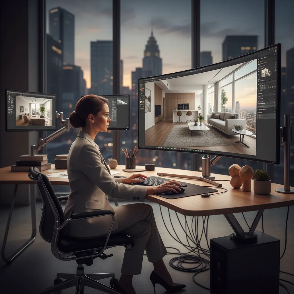 Diseñador trabajando con simulación digital de interiores