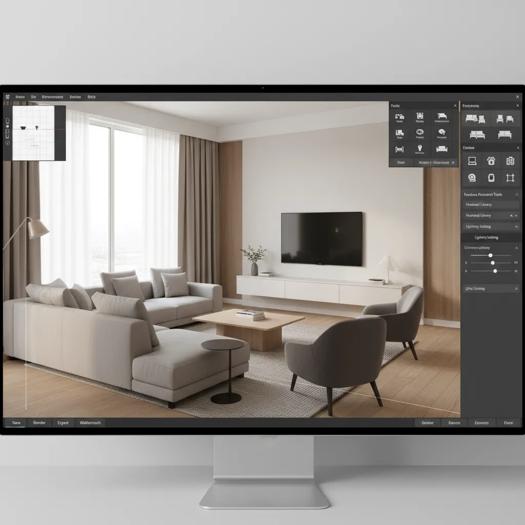 Simulador digital mostrando una sala diseñada en 3D con muebles modernos